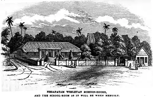Negapatam Wesleyan Mission-House and the school-room as it will be when rebuilt (October 1855, p.&nbsp;108, Rev. Thomas Hodson)