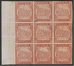 Penny stamps from New South Wales, block of nine (1850)