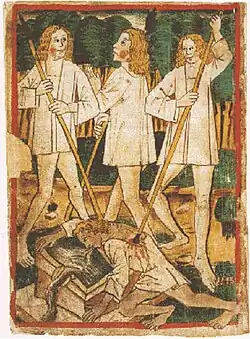 Picture of Siegfrieds assassination in the Nibelungenlied-manuscript k (1480–90)