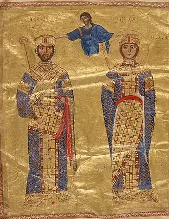 A gold and dye folio of Emperor Nikephoros&nbsp;III Botaneiates and Maria of Alania