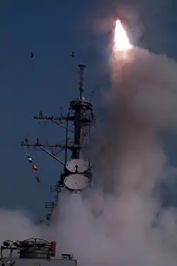 USS&nbsp;Laboon launches Tomahawk cruise missiles at Iraqi air defense targets, 3 September 1996.