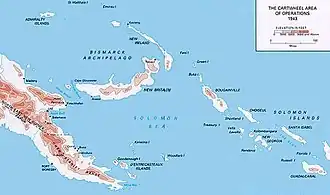 Map of the New Guinea area. Rabaul is at the top, Wau on the left.