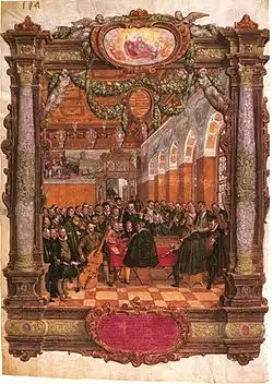 Renaissance composer Orlando de Lassus directing a chamber ensemble