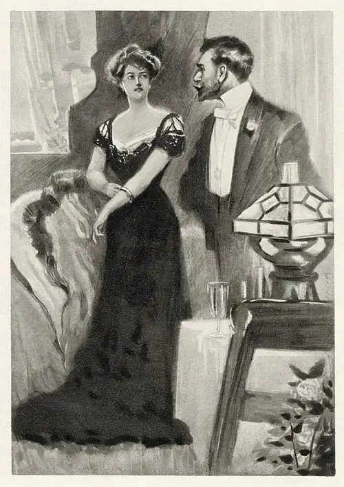 Image 3 An Ideal Husband Artist: Unknown; Restoration: Adam Cuerden A scene from Oscar Wilde's 1895 play An Ideal Husband, originally published in a 1901 collected edition of Wilde's works. The comedy, which opened January 3, 1896, at the Haymarket Theatre in London, revolves around blackmail and political corruption, and touches on the themes of public and private honour. It has been adapted into television, radio/audio, and three films. The published version differs slightly from the performed play, for Wilde added many passages and cut others. Prominent additions included written stage directions and character descriptions. Wilde was a leader in the effort to make plays accessible to the reading public. More selected pictures