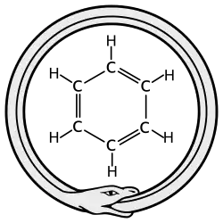 An illustration of a snake eating its own tail encircling a ring-like molecular diagram of Benzene