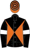Black and orange diabolo, black sleeves, white armlets, orange and black hooped cap