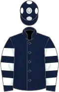 Dark blue, white hooped sleeves, dark blue cap, white spots