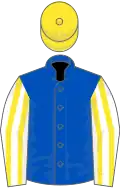 Royal blue, white and yellow striped sleeves, yellow cap