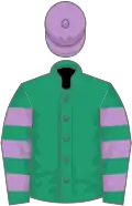 Emerald green, emerald green and mauve hooped sleeves, mauve cap