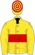 Yellow, red hoop, hooped cap