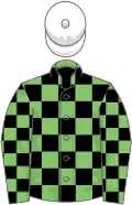 Light green and black check, white cap
