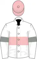 White, pink hoop and cap, grey armlets