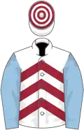 White, maroon chevrons, light blue sleeves, white and maroon hooped cap