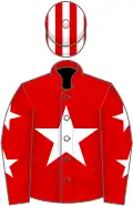 Red, white star, white stars on sleeves, striped cap