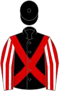 Black, red cross-belts, red and white striped sleeves, black cap