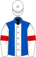 Royal blue, white stripe, white sleeves, red armlets, white cap