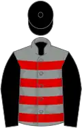 Grey and red hoops, black sleeves and cap
