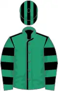 Emerald green, black seams, hooped sleeves, striped cap