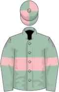 Cambridge blue, pink hoop and armlets, quartered cap
