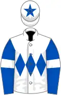 White, royal blue triple diamond, royal blue sleeves, white armlets, white cap, royal blue star