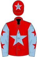 Red, light blue star, light blue sleeves, red stars, red cap, light blue star