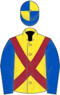 Yellow, maroon cross belts, royal blue sleeves, royal blue and yellow quartered cap