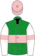 Green, pink hoop, white sleeves, pink armlets and cap