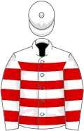 White, red hoops, white cap