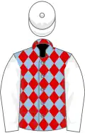 Light blue and red diamonds, white sleeves and cap