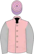 Pink, silver sleeves, mauve and pink hooped cap