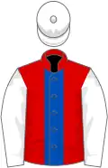 Red, royal blue stripe, white sleeves and cap