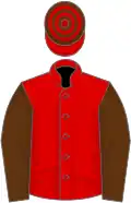 Red, brown sleeves, red cap, brown hoop