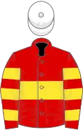 Red, Yellow hoop, hooped sleeves, White cap