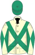 Cream, emerald green cross sashes, diabolo on sleeves, emerald green cap