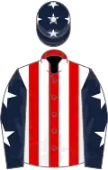 Red and white stipes, dark blue sleeves, white stars, dark blue cap, white stars