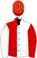 WHITE and RED HALVED, slvs reversed, red and orange hooped cap