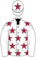 White, maroon stars, white sleeves, star on cap