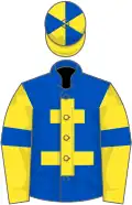 Royal blue, yellow cross of lorraine, yellow sleeves, royal blue armlet, segmented cap