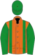Orange, green braces, green sleeves, green cap