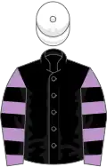 Black, Mauve and Black hooped sleeves, White cap