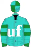 Turquoise, white 'uf', two green armlets and cuffs, turquoise and green quartered cap