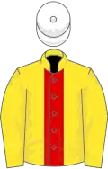 YELLOW, red panel, white cap