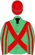 Emerald green, red cross belts, striped sleeves, red cap