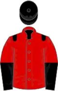 Red, black epaulets, black and red halved sleeves, black cap