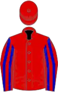 Red, blue striped sleeves, red cap