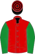 Red, green sleeves, black and red hooped cap