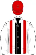 White, black stripe, red braces, red cap, white pom-pom