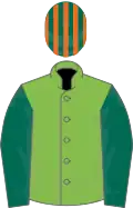 Light green, dark green sleeves, dark green and orange striped cap
