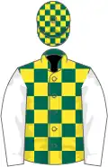 Dark green and yellow check, white sleeves, dark green and yellow check cap