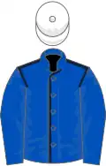 Royal blue, dark blue seams, royal blue sleeves, white cap